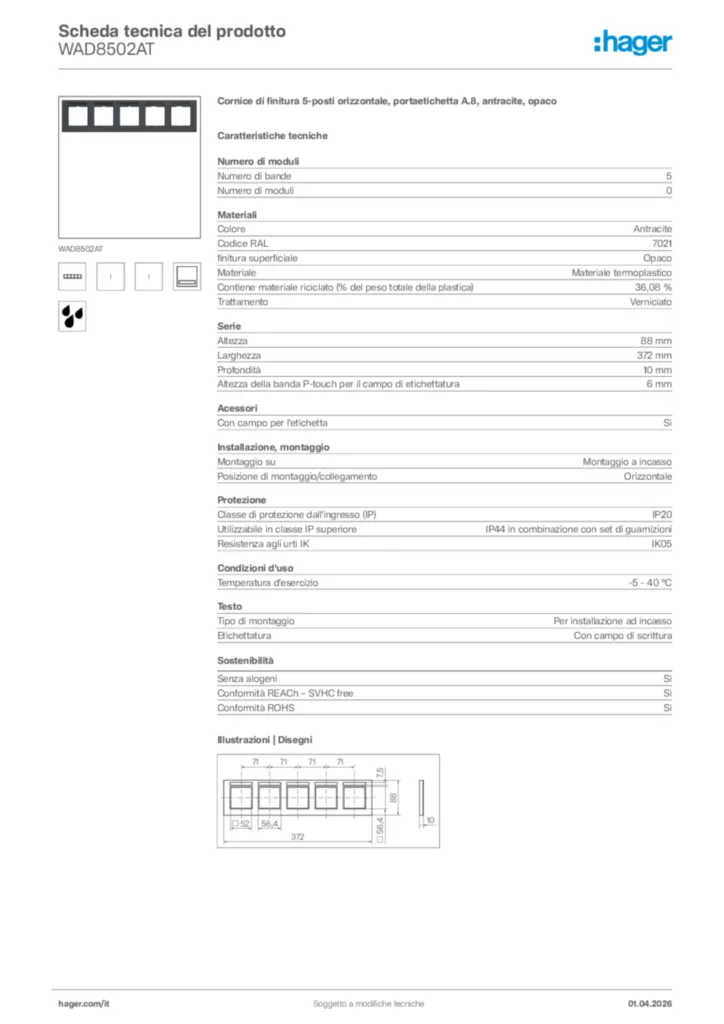Immagine Hager Scheda tecnica del prodotto WAD8502AT | Hager Italia