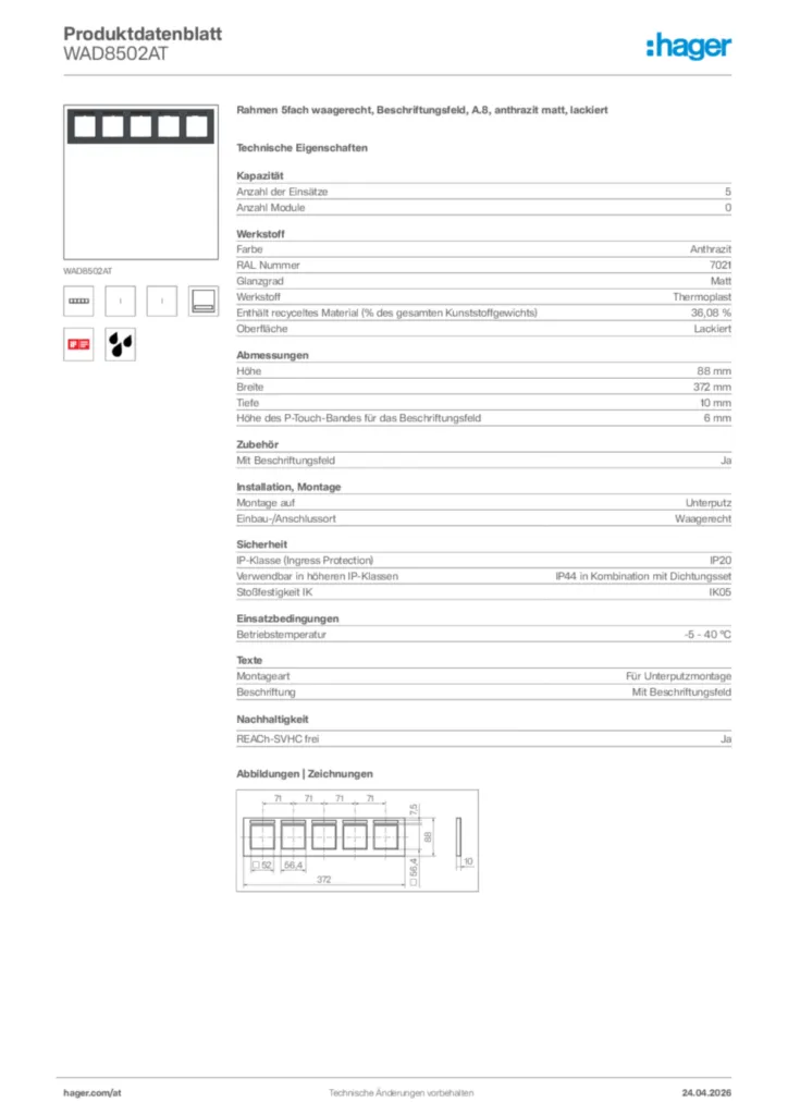 Bild Hager Produktdatenblatt WAD8502AT | Hager Deutschland