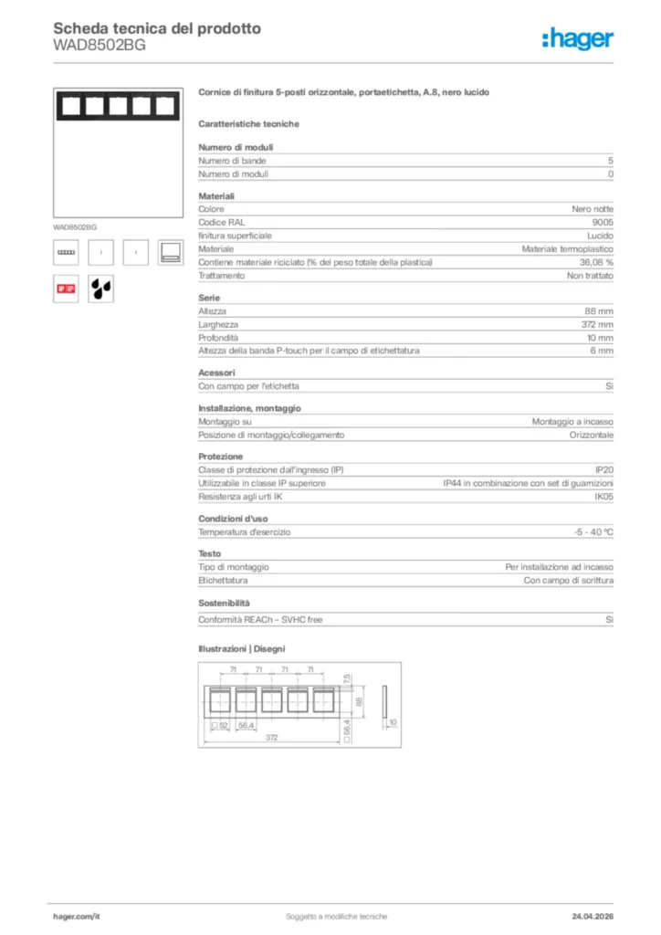 Immagine Hager Scheda tecnica del prodotto WAD8502BG | Hager Italia