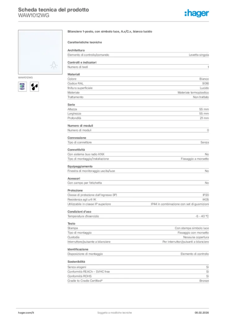 Immagine Hager Scheda tecnica del prodotto WAW1012WG | Hager Italia