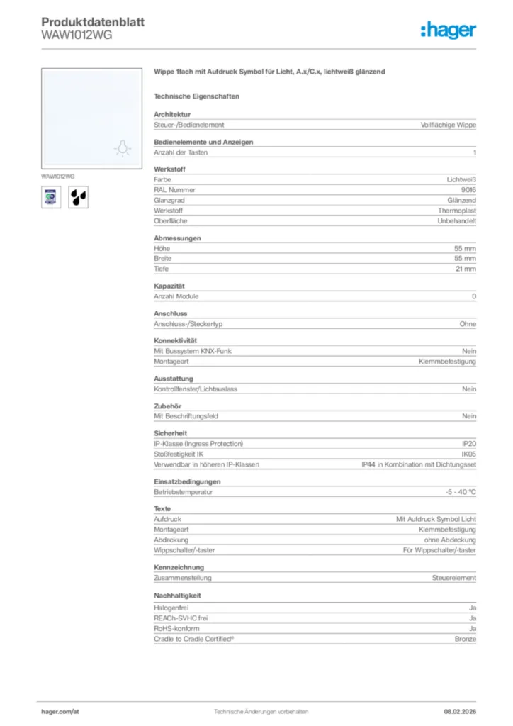 Bild Hager Produktdatenblatt WAW1012WG | Hager Deutschland