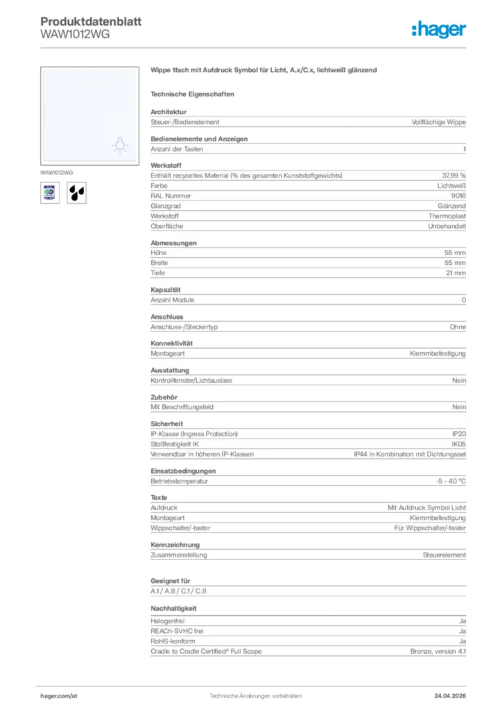 Bild Hager Produktdatenblatt WAW1012WG | Hager Deutschland