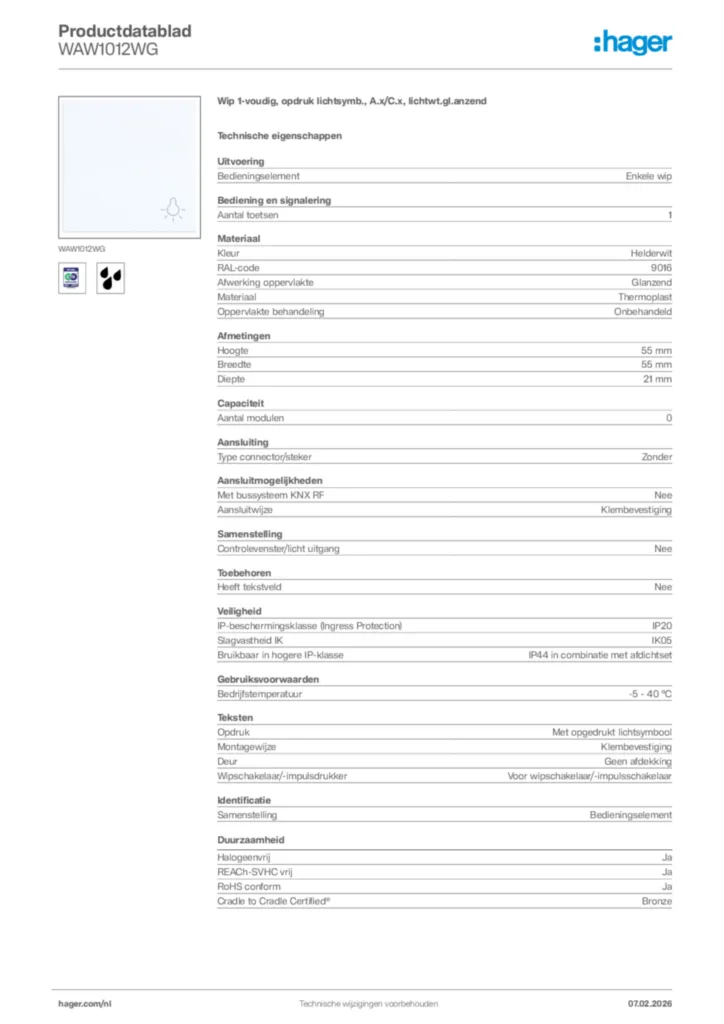 Afbeelding Hager Productdatablad WAW1012WG | Hager Nederland