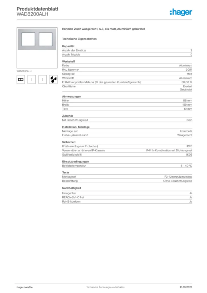 Bild Hager Produktdatenblatt WAD8200ALH | Hager Deutschland