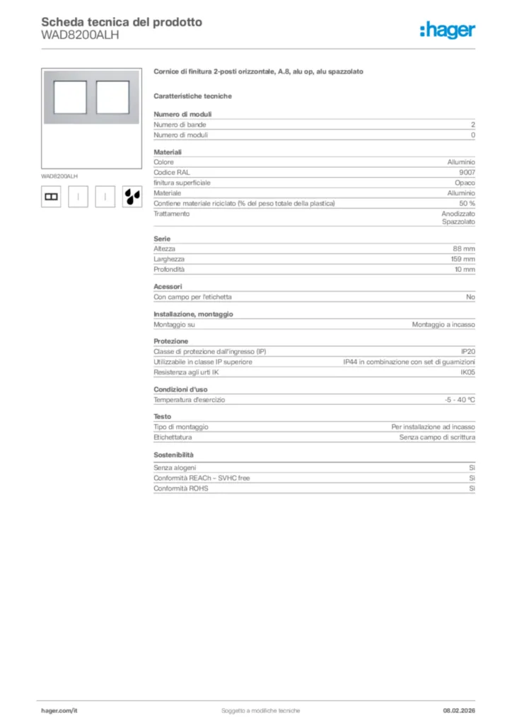 Immagine Hager Scheda tecnica del prodotto WAD8200ALH | Hager Italia