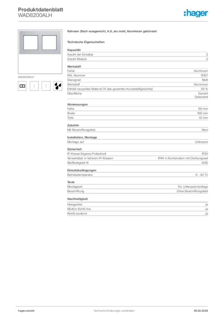 Bild Hager Produktdatenblatt WAD8200ALH | Hager Deutschland