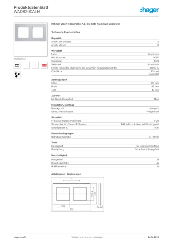 Bild Hager Produktdatenblatt WAD8200ALH | Hager Deutschland