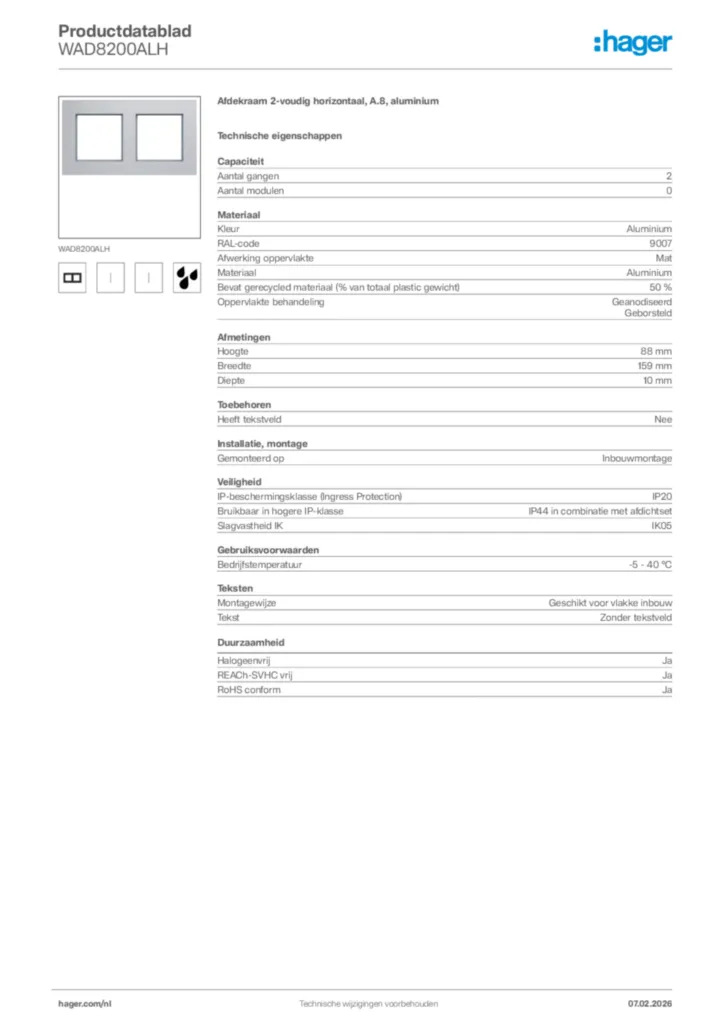 Afbeelding Hager Productdatablad WAD8200ALH | Hager Nederland