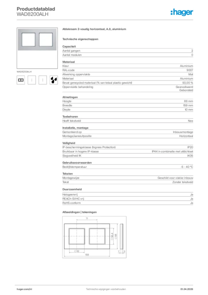 Afbeelding Hager Productdatablad WAD8200ALH | Hager Nederland