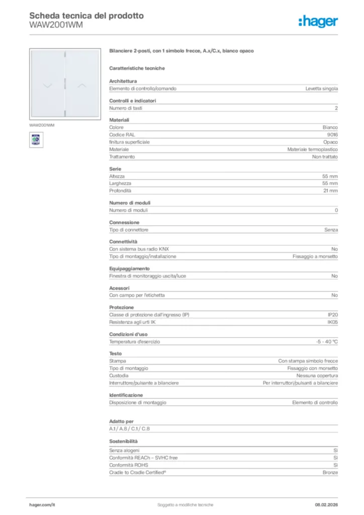 Immagine Hager Scheda tecnica del prodotto WAW2001WM | Hager Italia