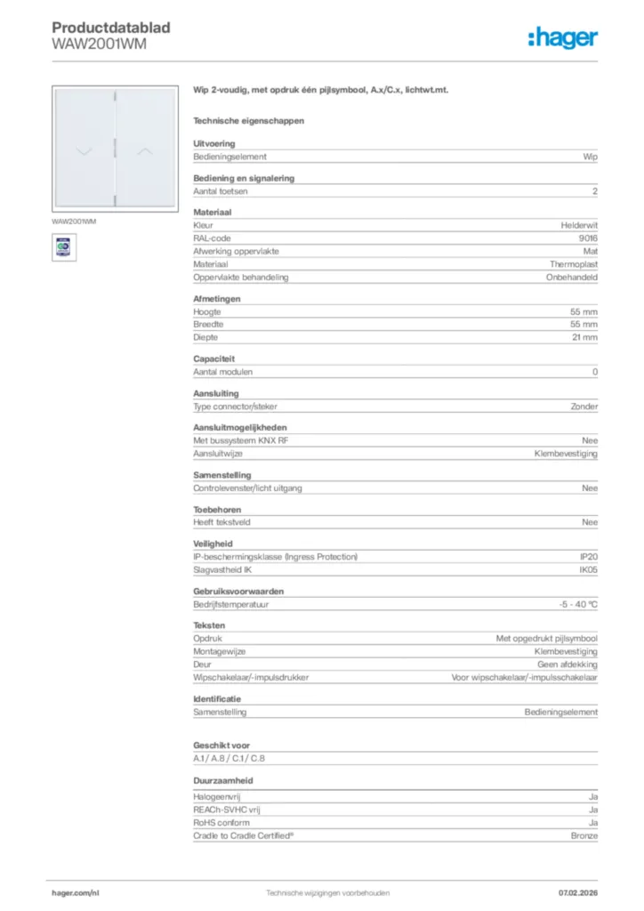 Afbeelding Hager Productdatablad WAW2001WM | Hager Nederland