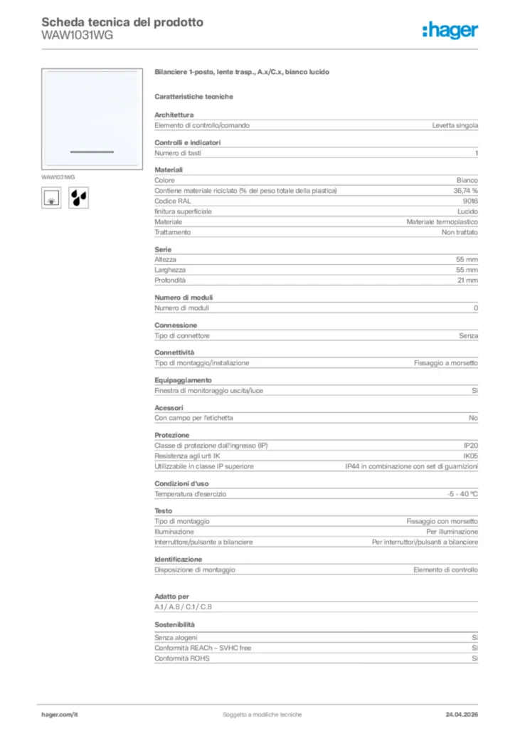 Immagine Hager Scheda tecnica del prodotto WAW1031WG | Hager Italia