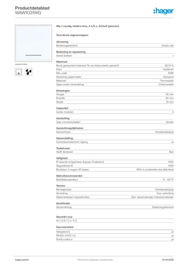 Afbeelding Hager Productdatablad WAW1031WG | Hager Nederland