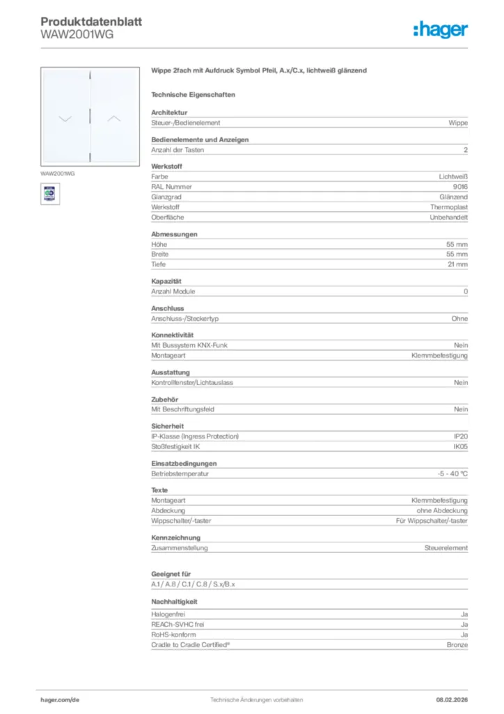 Bild Hager Produktdatenblatt WAW2001WG | Hager Deutschland