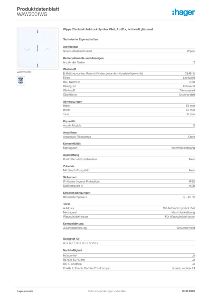 Bild Hager Produktdatenblatt WAW2001WG | Hager Deutschland