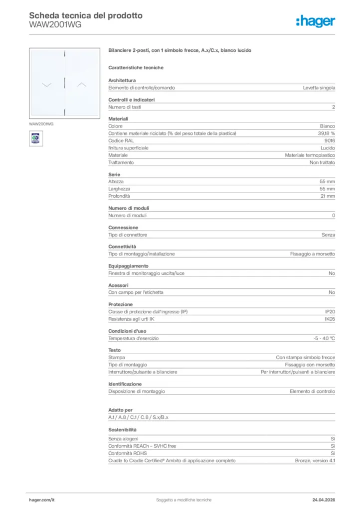 Immagine Hager Scheda tecnica del prodotto WAW2001WG | Hager Italia