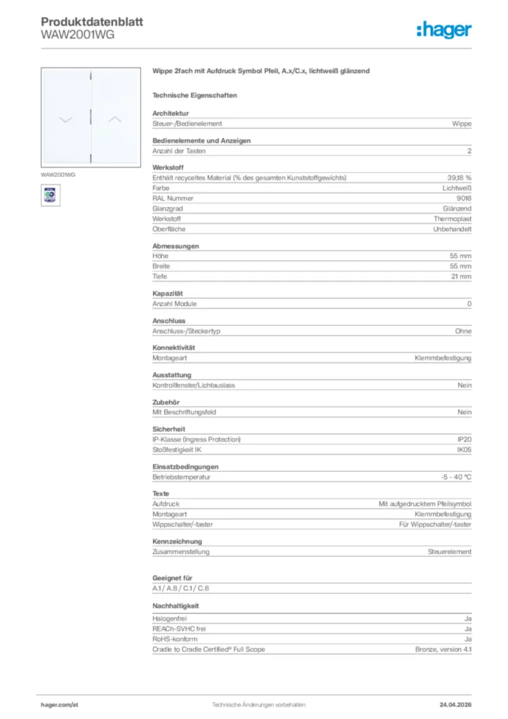 Bild Hager Produktdatenblatt WAW2001WG | Hager Deutschland