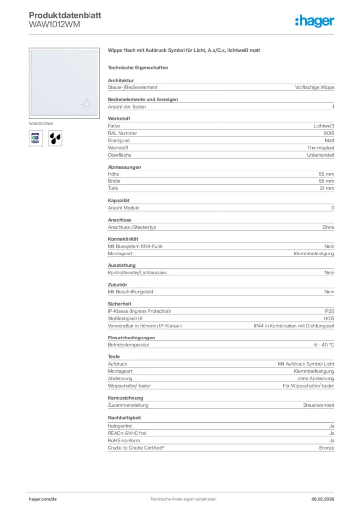 Bild Hager Produktdatenblatt WAW1012WM | Hager Deutschland