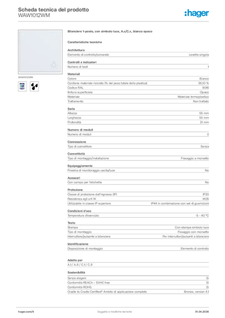 Immagine Hager Scheda tecnica del prodotto WAW1012WM | Hager Italia