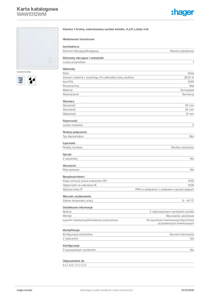 Zdjęcie Hager Karta katalogowa WAW1012WM | Hager Polska
