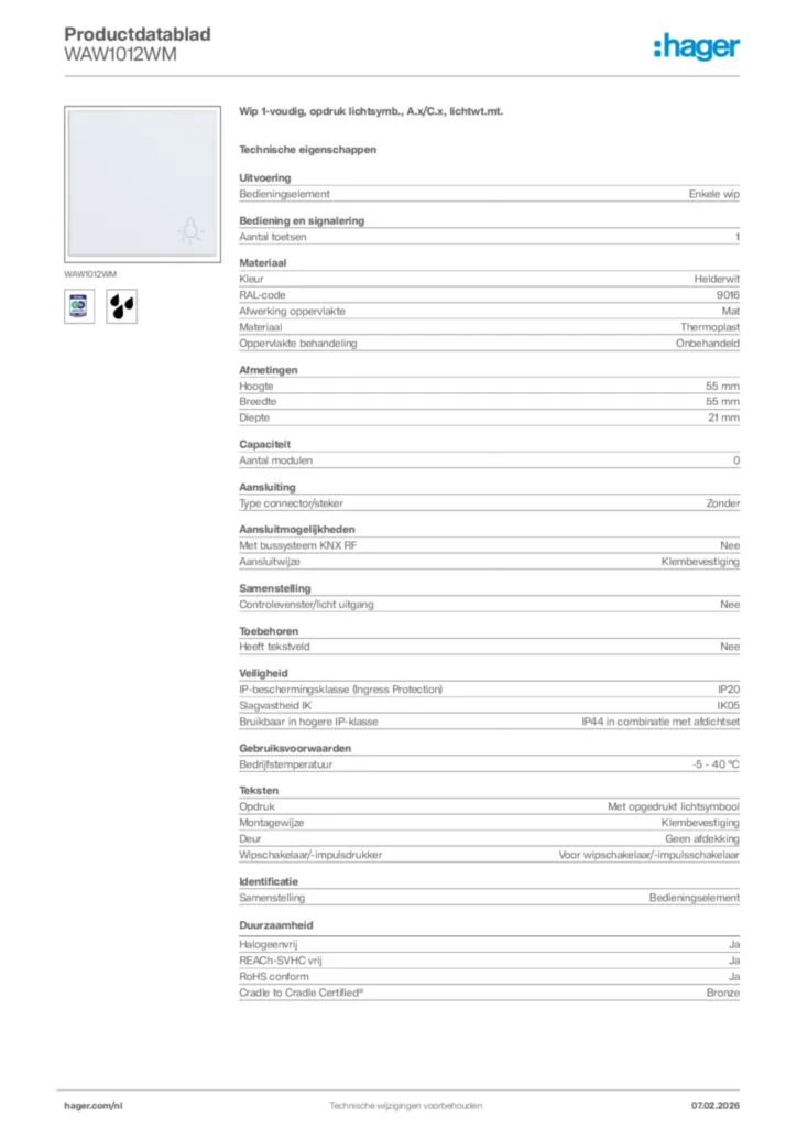 Afbeelding Hager Productdatablad WAW1012WM | Hager Nederland