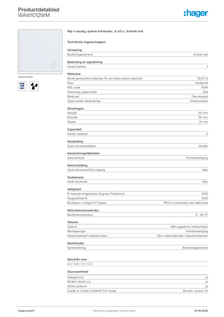 Afbeelding Hager Productdatablad WAW1012WM | Hager Nederland