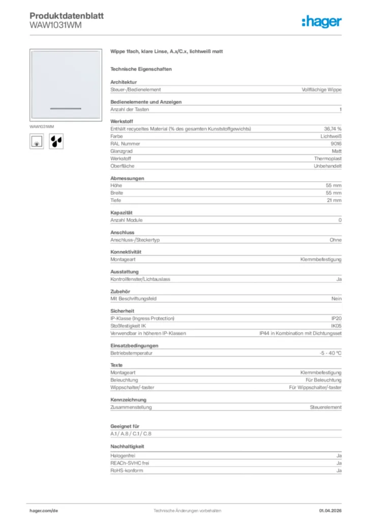 Bild Hager Produktdatenblatt WAW1031WM | Hager Deutschland