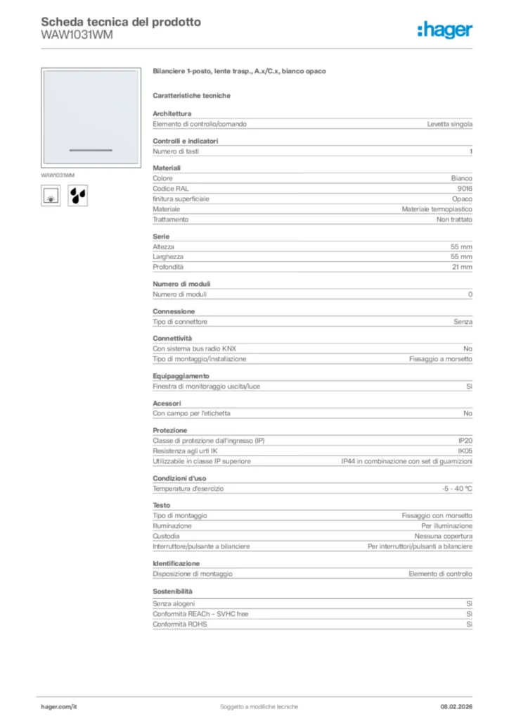 Immagine Hager Scheda tecnica del prodotto WAW1031WM | Hager Italia