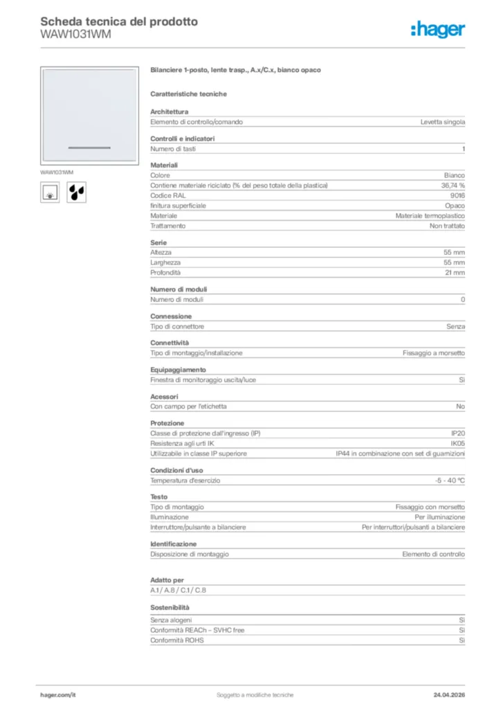 Immagine Hager Scheda tecnica del prodotto WAW1031WM | Hager Italia