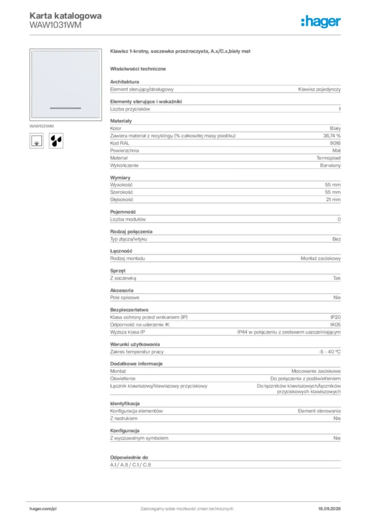 Zdjęcie Hager Karta katalogowa WAW1031WM | Hager Polska