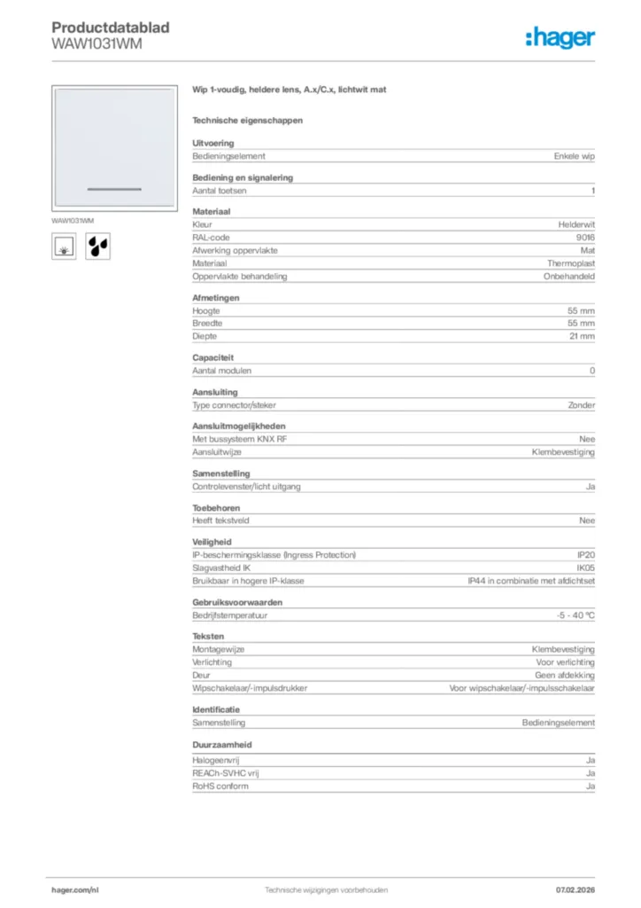 Afbeelding Hager Productdatablad WAW1031WM | Hager Nederland