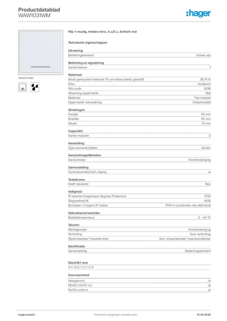 Afbeelding Hager Productdatablad WAW1031WM | Hager Nederland