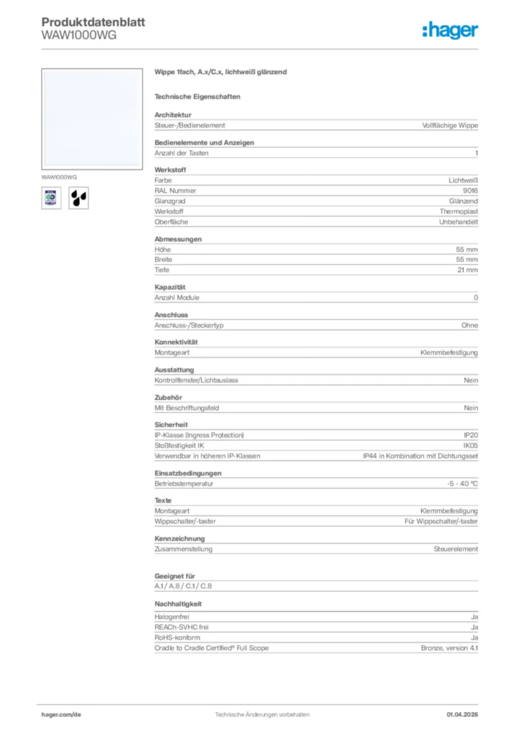 Bild Hager Produktdatenblatt WAW1000WG | Hager Deutschland