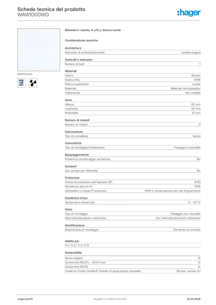 Immagine Hager Scheda tecnica del prodotto WAW1000WG | Hager Italia