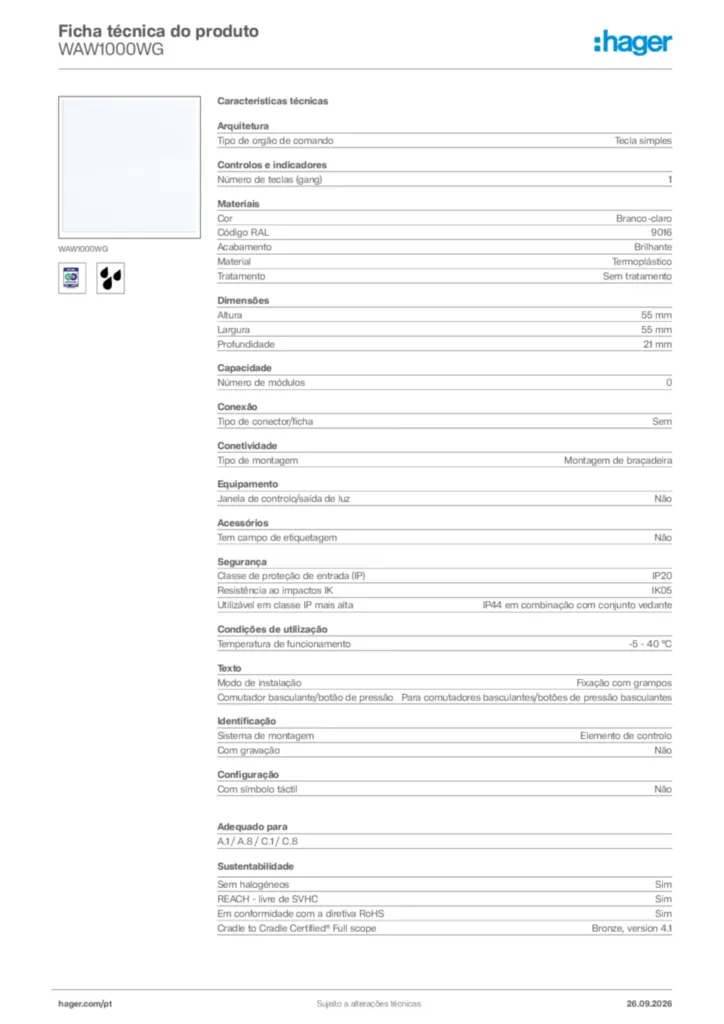 Imagem Hager Ficha técnica do produto WAW1000WG | Hager Portugal