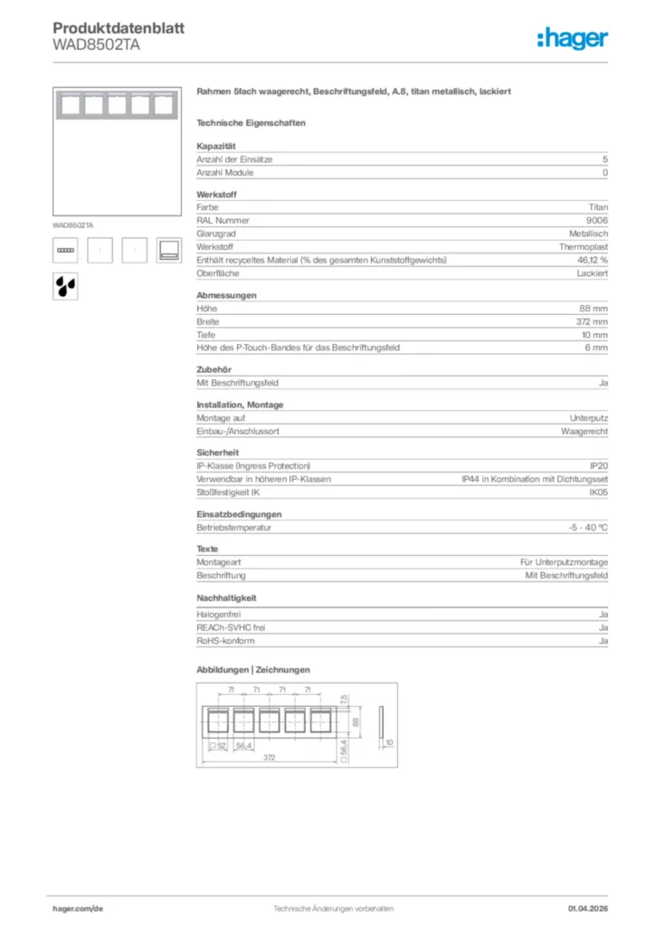 Bild Hager Produktdatenblatt WAD8502TA | Hager Deutschland