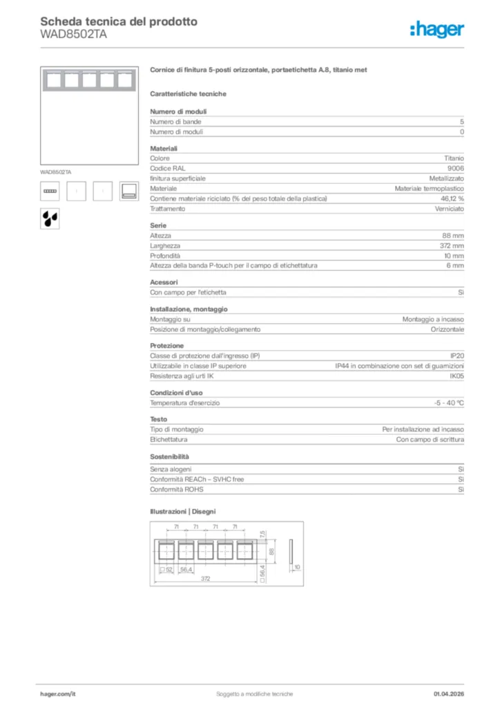 Immagine Hager Scheda tecnica del prodotto WAD8502TA | Hager Italia