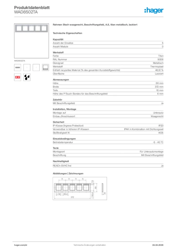 Bild Hager Produktdatenblatt WAD8502TA | Hager Deutschland