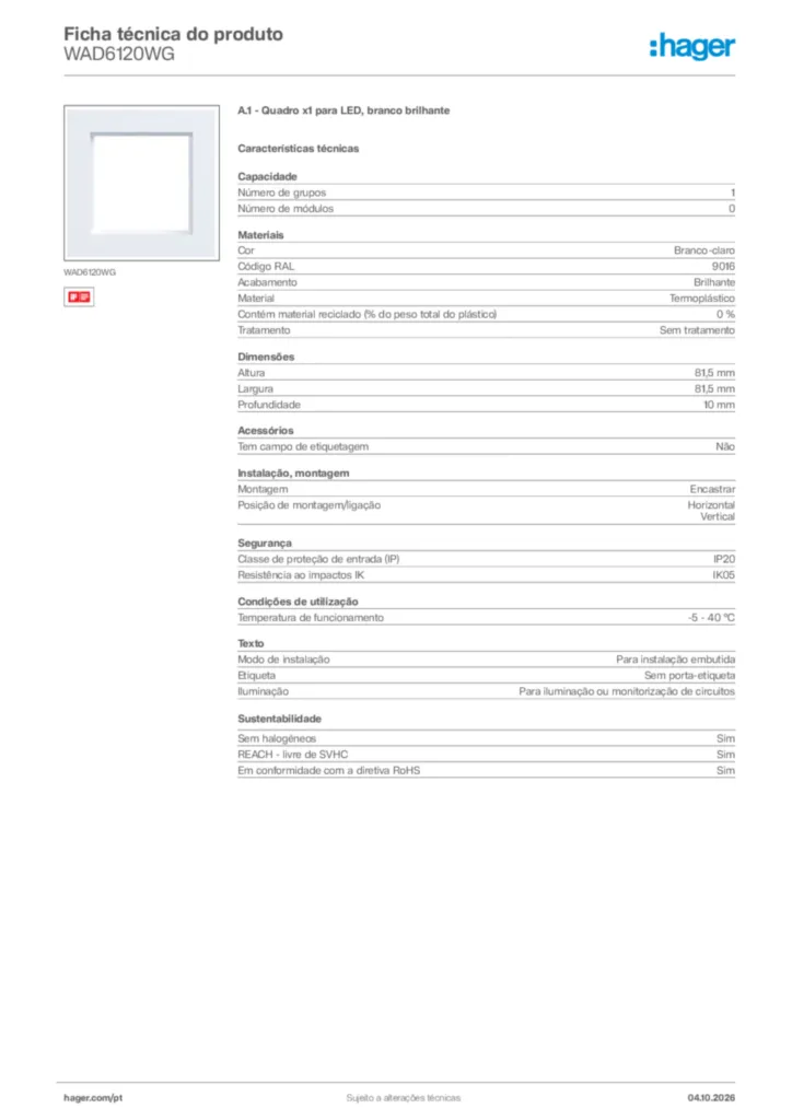 Imagem Hager Ficha técnica do produto WAD6120WG | Hager Portugal