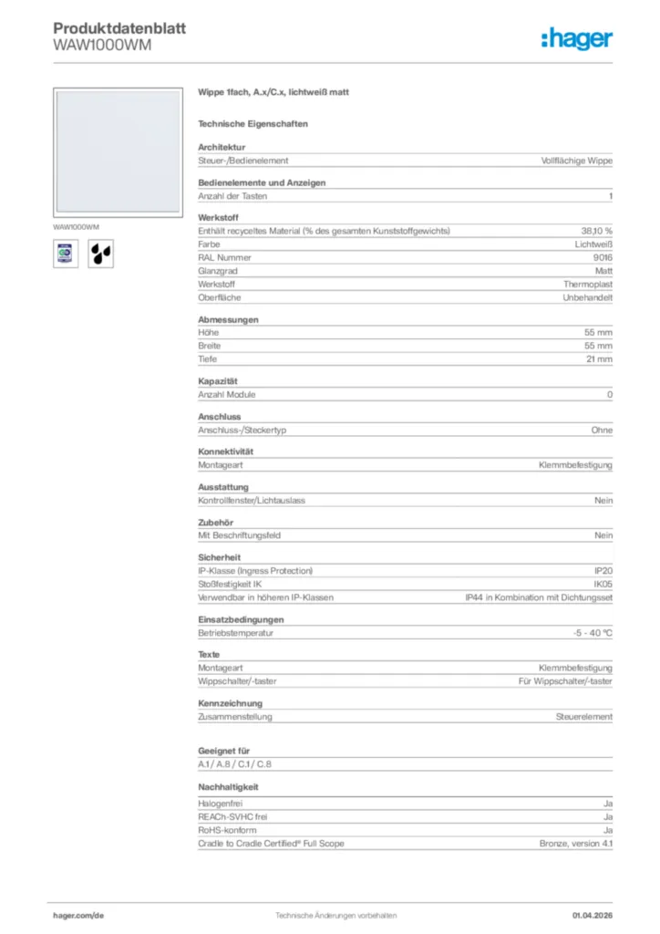 Bild Hager Produktdatenblatt WAW1000WM | Hager Deutschland