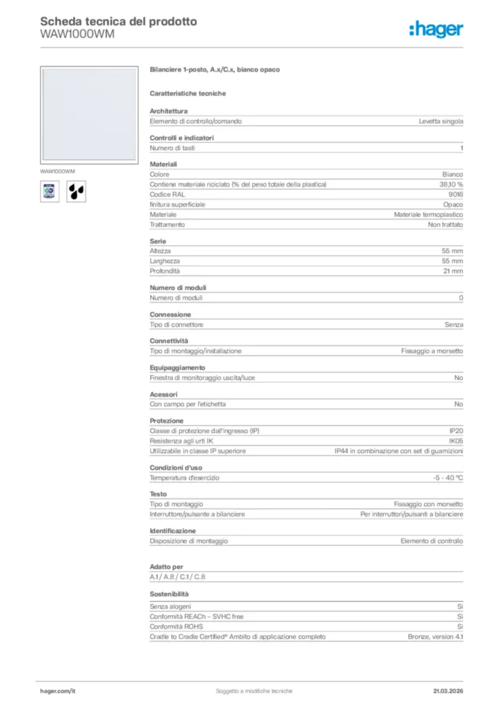 Immagine Hager Scheda tecnica del prodotto WAW1000WM | Hager Italia