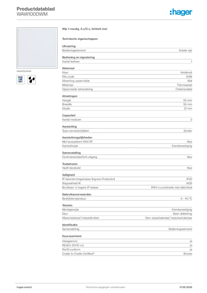 Afbeelding Hager Productdatablad WAW1000WM | Hager Nederland