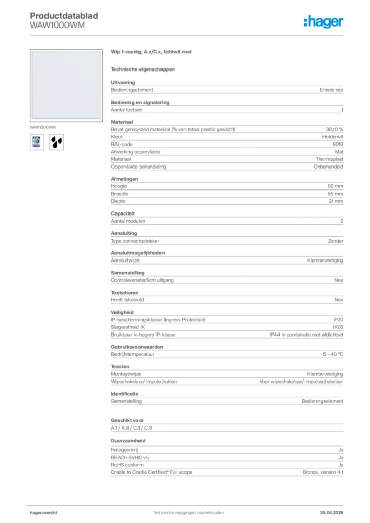 Afbeelding Hager Productdatablad WAW1000WM | Hager Nederland