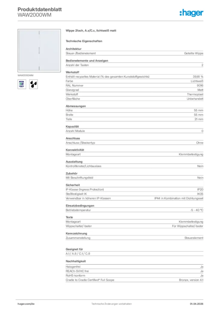 Bild Hager Produktdatenblatt WAW2000WM | Hager Deutschland