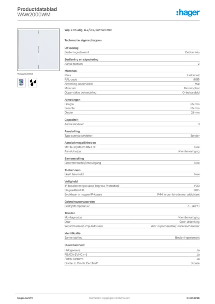 Afbeelding Hager Productdatablad WAW2000WM | Hager Nederland