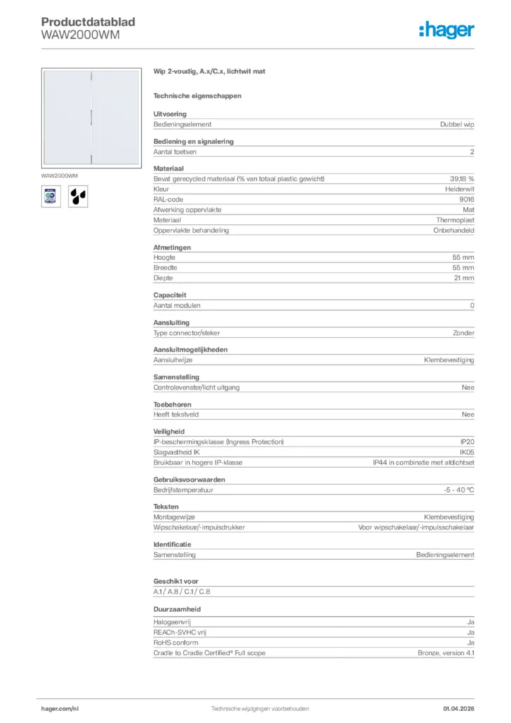 Afbeelding Hager Productdatablad WAW2000WM | Hager Nederland
