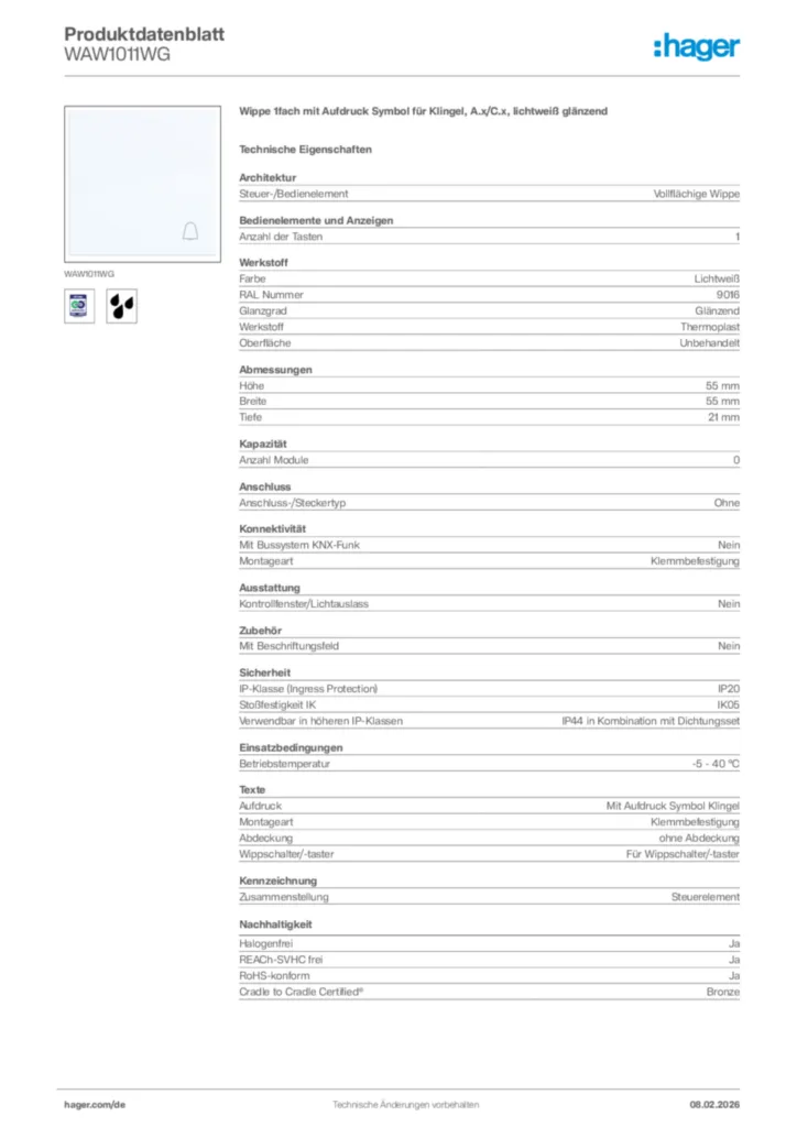 Bild Hager Produktdatenblatt WAW1011WG | Hager Deutschland