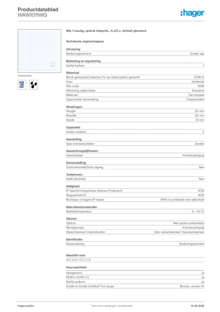 Afbeelding Hager Productdatablad WAW1011WG | Hager Nederland