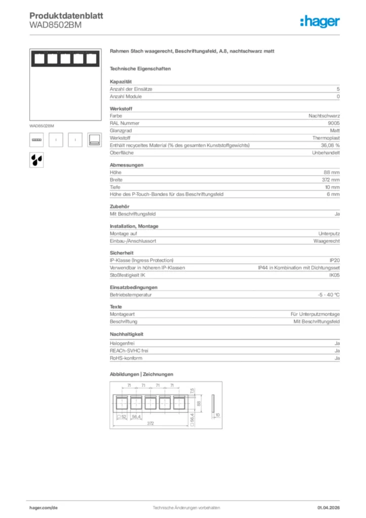 Bild Hager Produktdatenblatt WAD8502BM | Hager Deutschland