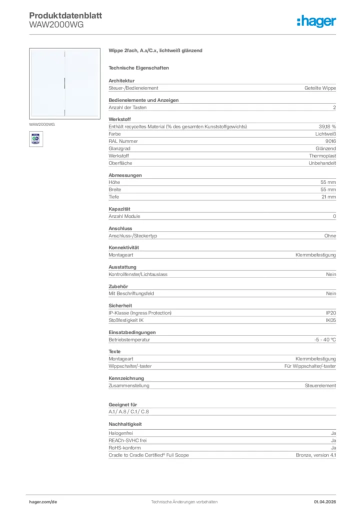 Bild Hager Produktdatenblatt WAW2000WG | Hager Deutschland